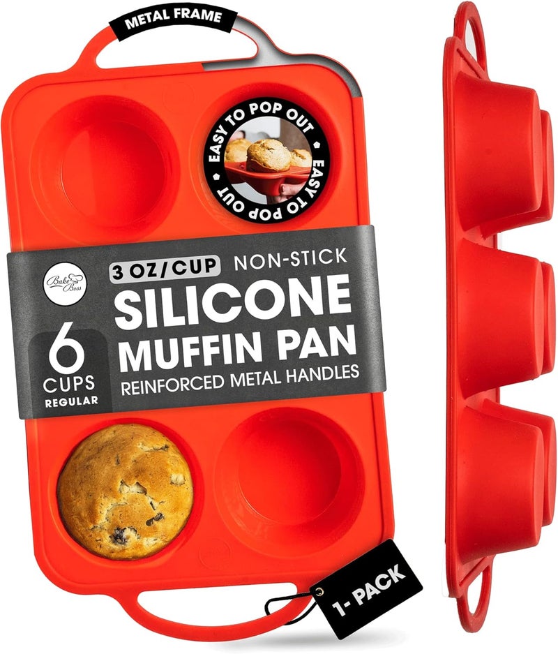 BAKE BOSS Regular Size 6 Cup Muffin Pan – Silicone Muffin Pans for Baking with Metal Handles – Nonstick Silicone Cupcake Pan, Easy-Release, BPA-Free Muffin Tray, Oven & Dishwasher Safe – Red - Image 1